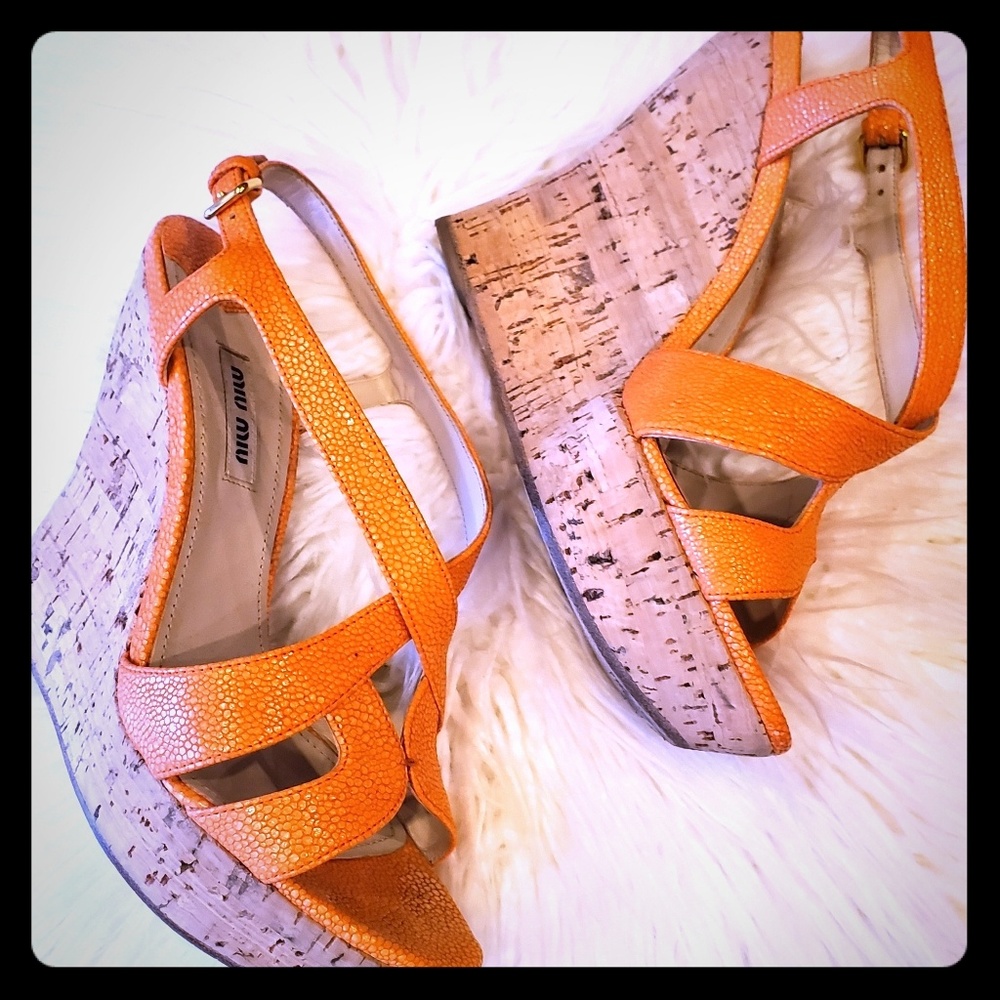 Miu Miu Orange Leather Wedges